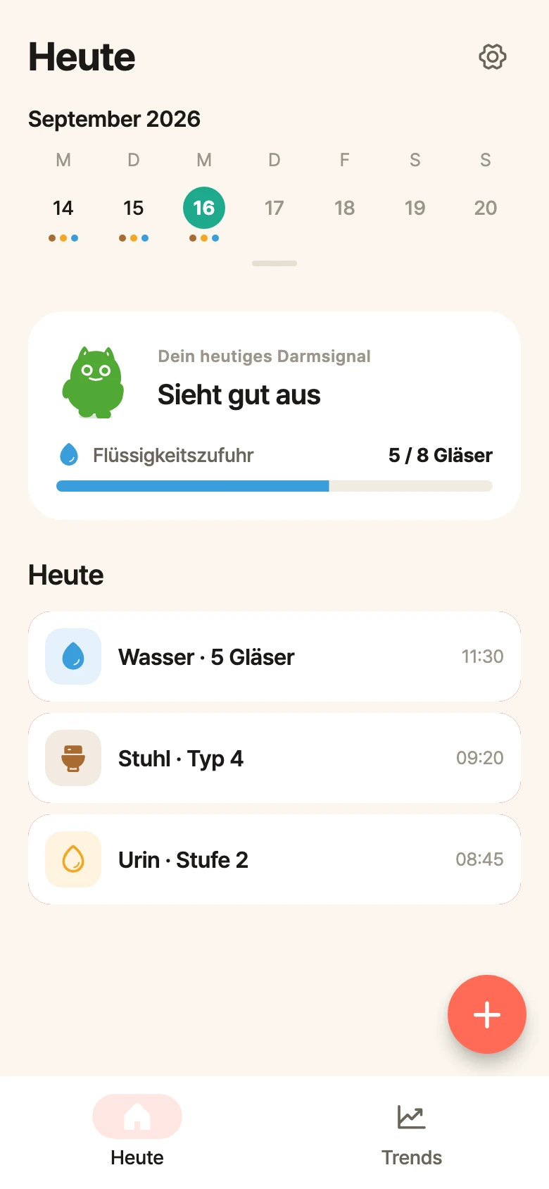 Android-Startbildschirm von bellySignal mit Wochenkalender, Darmstatus, Trinkfortschritt und Beispieleinträgen.