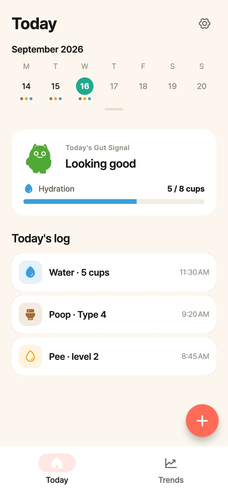 bellySignal Android home screen with a weekly calendar, gut status, hydration progress, and sample daily records.