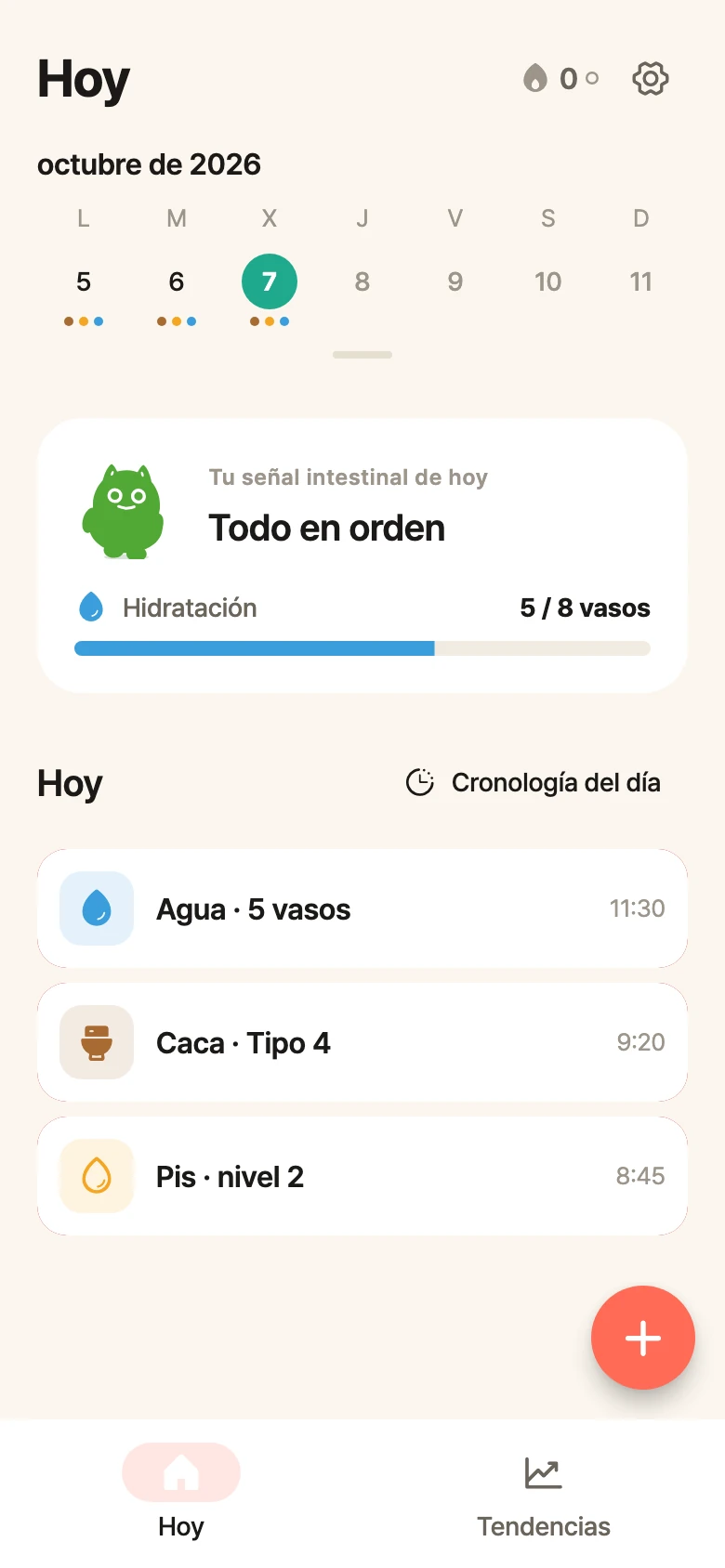Pantalla de inicio de bellySignal en Android con calendario semanal, estado intestinal, progreso de hidratación y registros de ejemplo.