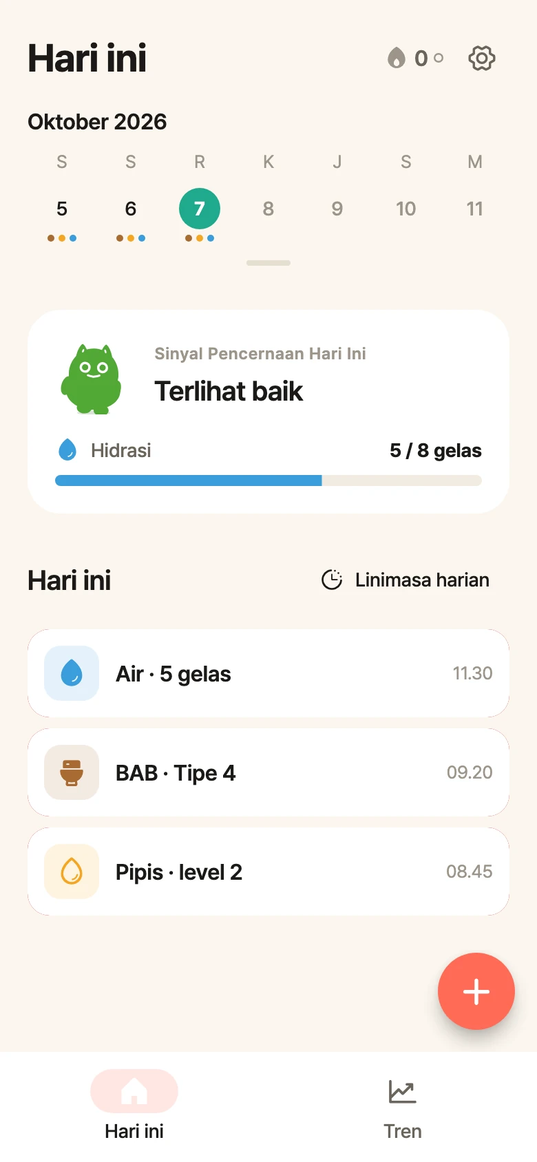 Layar beranda bellySignal di Android dengan kalender mingguan, status pencernaan, progres hidrasi, dan contoh catatan harian.