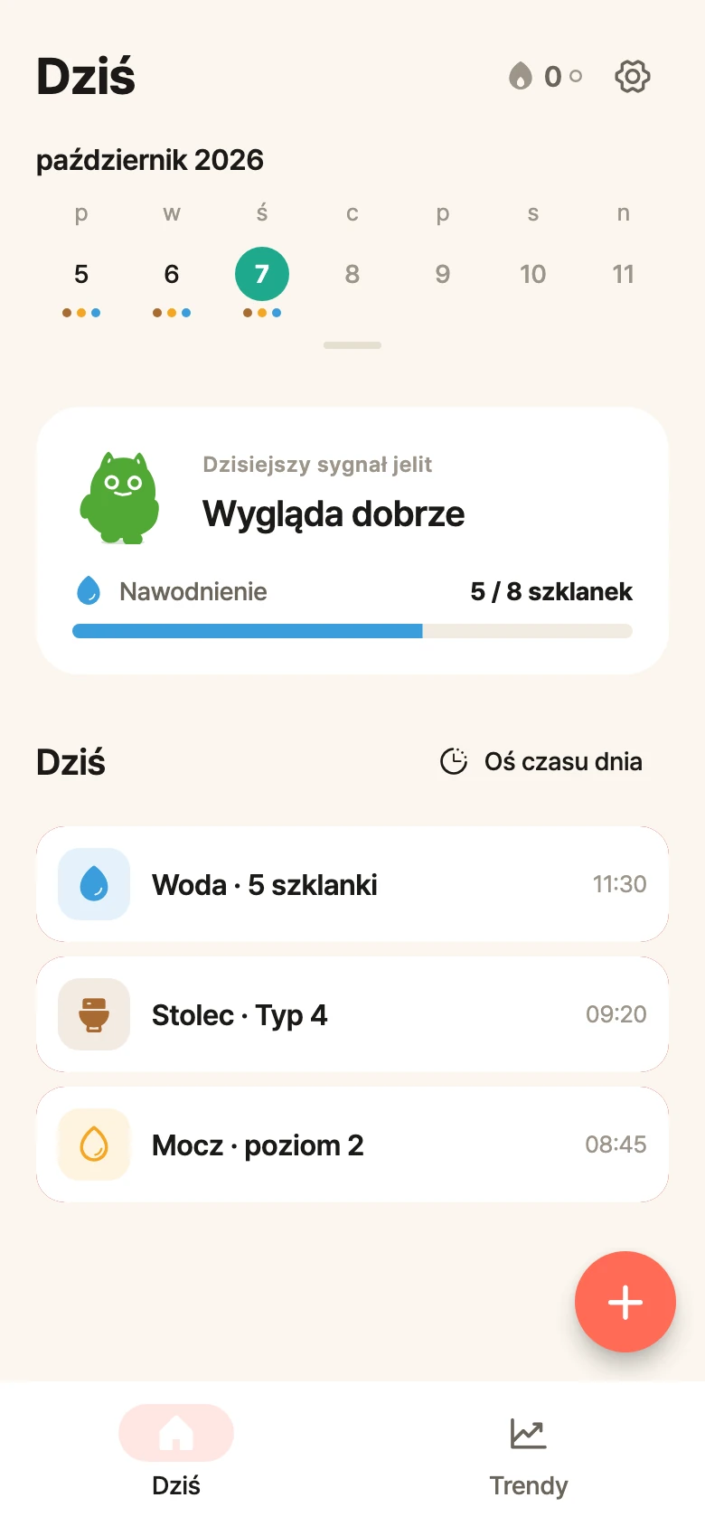 Ekran główny bellySignal na Androidzie z kalendarzem tygodnia, stanem jelit, postępem nawodnienia i przykładowymi wpisami z dnia.