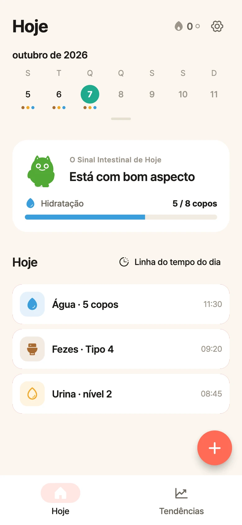 Tela inicial do bellySignal no Android com calendário semanal, status do intestino, progresso da hidratação e registros de exemplo.