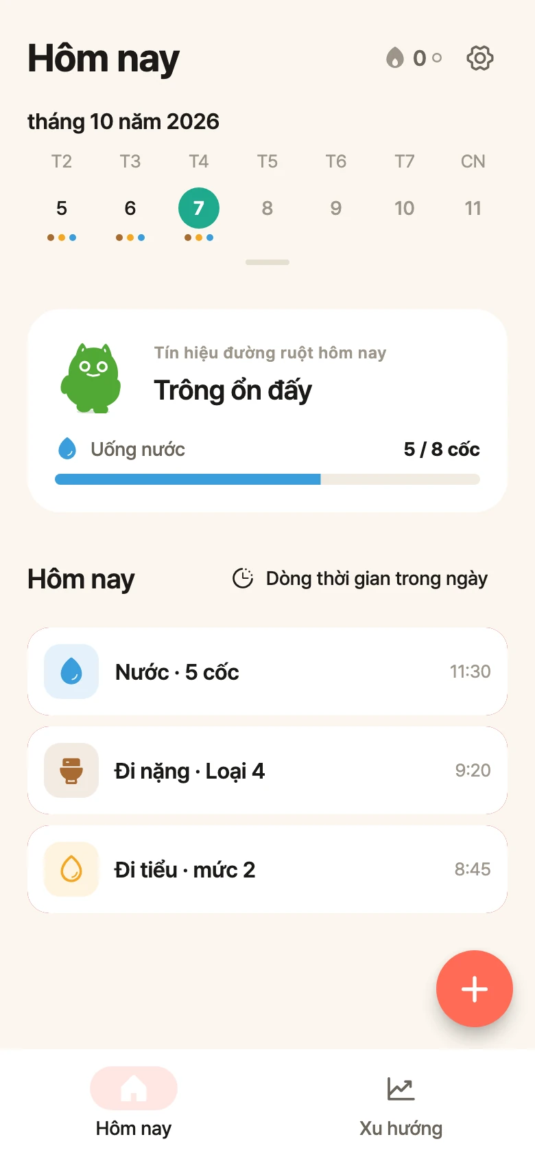 Màn hình chính bellySignal trên Android với lịch tuần, tình trạng đường ruột, tiến độ uống nước và các bản ghi mẫu trong ngày.